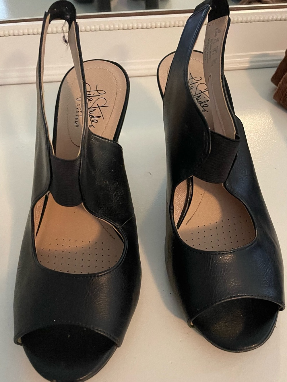 Life Stride Black Peep-Toe Slingback Heels